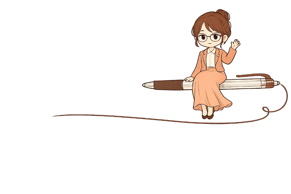 國考學姐 Zora 坐在筆上揮手